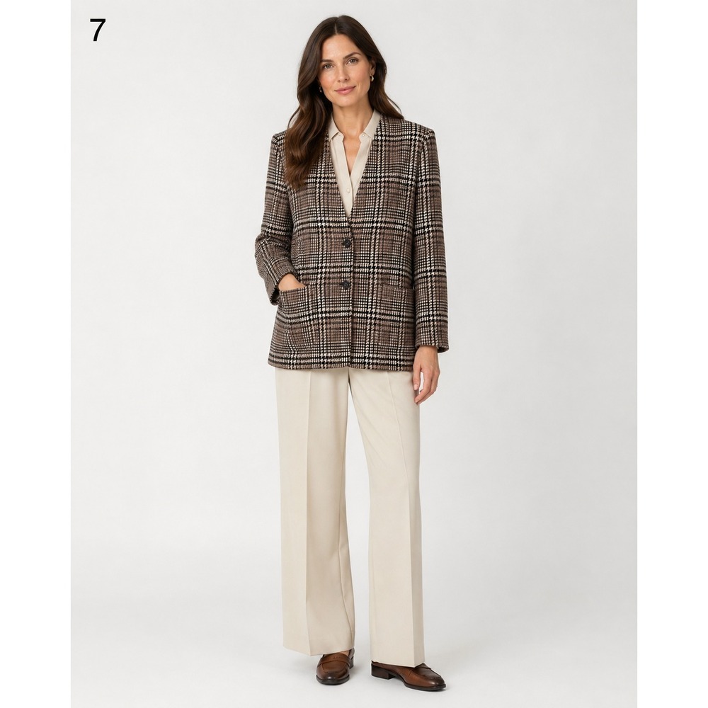 Vintage 80s Erreuno Long Blazer Jacket‎ Womens 42 Brown Plaid Wool Lined Pockets